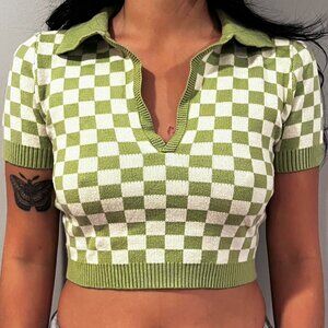 Hesperus Green Checkered Collared Crop Top Sweater Short Sleeve (Size M)